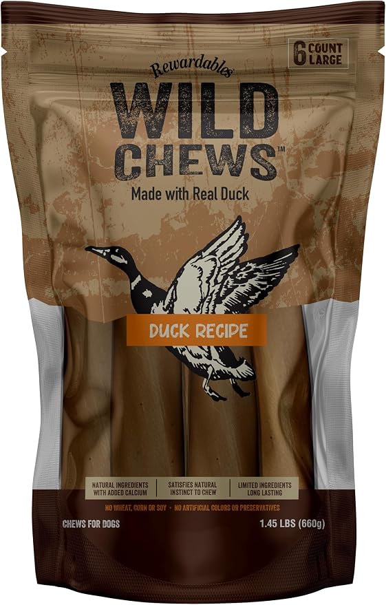 Wild Chews | Duck Recipe, Made with Real Duck, Limited Ingredient, Long Lasting Chews for Large Dogs | 6 Count