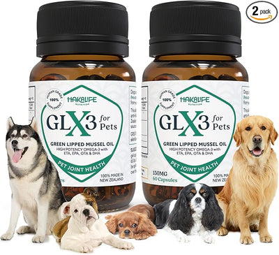 GLX3 Green Lipped Mussel Oil for Dogs | Joint & Hip Comfort Omega-3 Supplement | Ideal for All Dog Breeds and Ages | 2 Month Supply, 120 Gel Capsules w/Natural Ingredients