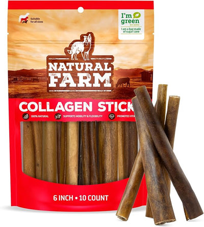 Natural Farm Collagen Chews. 6 Inch, 10 Pack. Odor-Free Long Lasting Bully Sticks & Rawhide Alternative Dog Treats, 95% Collagen Low Fat, High Protein Best Dental Dog Treats – Medium & Large Dogs