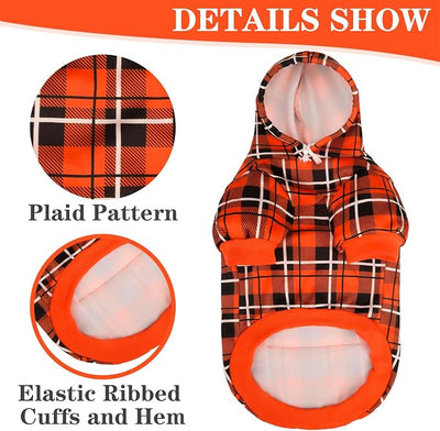 EXPAWLORER Plaid Dog Hoodie - British Style Warm Dog Sweater Shirt with Leash Hole,Pitbull Clothes Outfits,Winter Coat Apparel for All Breeds Puppy Girl Boy-Cat Apparel,Orange Small