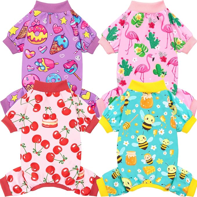 XPUDAC 4 Pieces Dog Pajamas for Small Dogs Boy Girl Soft Stretchy Pjs Onesies Puppy Clothes for Dog Cat Pet Outfits, S