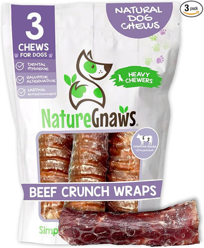 Nature Gnaws Beef Trachea Crunch Wraps for Dogs (3 Count) - Long Lasting Natural Beef Jerky Dog Chew Bones - Rawhide Free