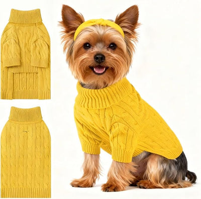 Small Dog Thermal Pullover Sweater, Classic Turtleneck Cable Knitwear Dog Clothes for Cold Weather Warm Pet Clothes for Chihuahua, Bulldog, Dachshund, Pug Yellow Small