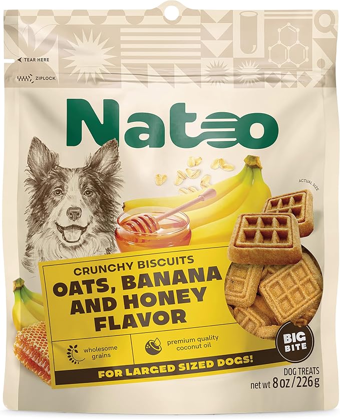 Dog Treats for Large Breed, Oats Banana and Honey, 8oz | Crunchy Biscuits, Rich in Omega 6, Prebiotics and Fiber, Antioxidants for Immunity, Natural