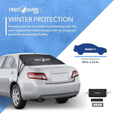 FrostGuard Rear Windshield Cover for Ice and Snow, for Sedans - Rear Window Cover to Reduce Scraping, with Elastic to Conform to Vehicle's Shape - Secure Hooks for A Tight Fit - Black, 50 x 32 Inches