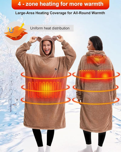 Oversized Heated Wearable Blanket, Battery Powered Fleece Hoodie Robe 7.4V 16000mAh 167°F Overheat Protection