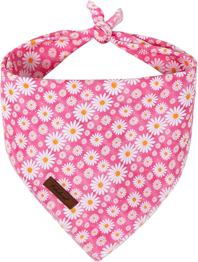 Spring Dog Bandanas Girl Pink Daisy Cotton Washable Comfortable Triangle Dog Scarf Adjustable Pet Bib Kerchief for Small Medium Large Dogs L