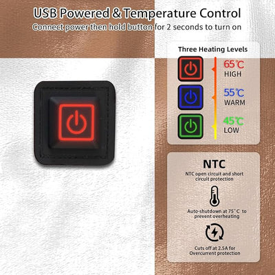 USB Powered Heated Throw Blanket for Women, 50" X 60" 9V 18W Portable Brown Grid Print Electric Heating Blanket with 3 Heat Setting,8-Zone Graphene Heating Blankets for Couch Car Office Outdoor