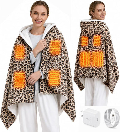 Leopard Print Electric Heated Shawl Blanket - Wearable USB Heating Pad for Neck & Shoulder, 1 Heat Level Soft Hoodie Throw, Type-C Portable Winter Gift for Women Travel Camping Bed