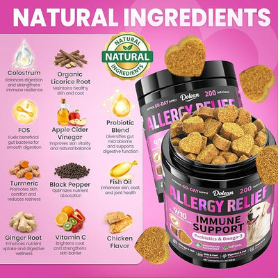 Dog Allergy Chews, Dog Allergy Relief for Itching Skin, Paw Licking, Yeast Relief, Hot Spots, Itchy Ears & Seasonal Allergies, Immune Support– with Colostrum, Probiotics – Chicken Flavor (200ct)