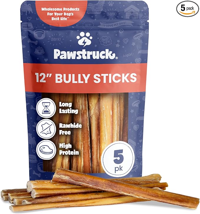 100% Natural 12-in Bully Sticks for Dogs - Tough Long-Lasting Rawhide-Free Single Ingredient Beef Pizzle Chew Treats for Medium & Large Dogs, Aggressive Chewers - 5 Count Pack