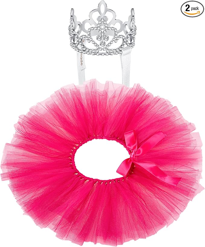 2 Pcs Dog Crown Headband Dog Tutu Dress Set Crystal Rhinestone Tiara Crown Tutu Skirt Pet Dress Costume for Puppy Birthday Party Wedding Photo Prop Costume(X-Large,Rose Red)