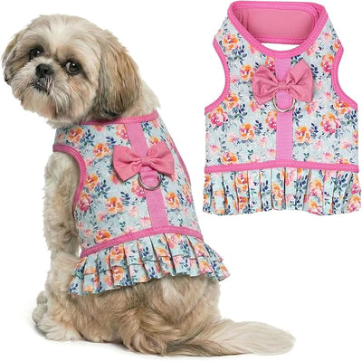 Parisian Pet Floral Dog Harness Dress - Breathable No Pull Puppy Dress with Pink Bow and Leash Ring - 100% Mesh Fabric Harnesses for Dogs - Soft Padded Step in Pet Vest - Dog Harness Medium Sized Dogs