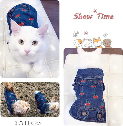 SILD Pet Clothes Dog Jeans Jacket Cool Blue Denim Coat Small Medium Dogs Lapel Vests Classic Puppy Hoodies (S, Cherry)