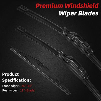 OTUAYAUTO Windshield Wipers Replacement for Kia Sportage 2017-2023 Kia Sorento 2016-2020, Hyundai Santa Fe 2019-2023 Quiet No Trace Front Rear Wiper Blades U/J Hook 26"+16"+11" (Pack of 3)