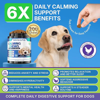 WEALLIN Calming Chews for Dogs, Dog Calming Chews with Organic Hemp Seed Oil & Powder, Soft Calming Treats for Stressful Moments, Travel, Thunder, Fireworks, Chicken Flavor, 200 Chews