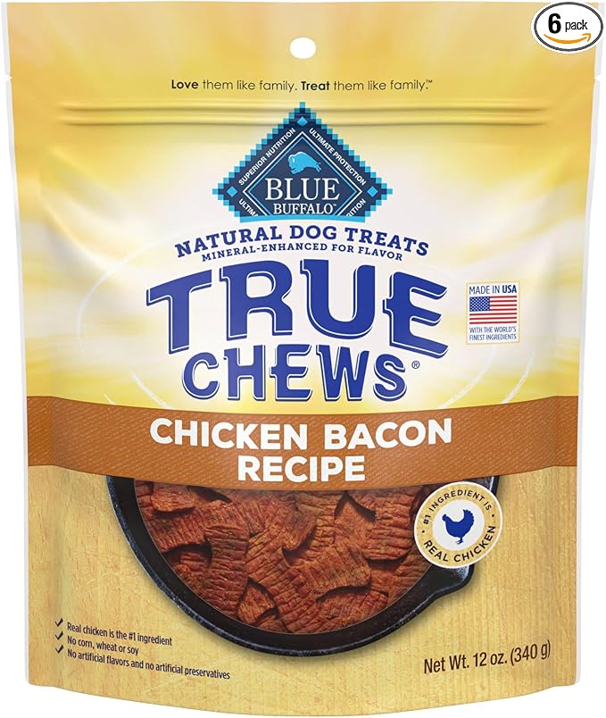Blue Buffalo True Chews Dog Treats, Made in the USA with Natural Ingredients, Chicken Bacon Recipe, 12-oz Bag (Pack of 6)