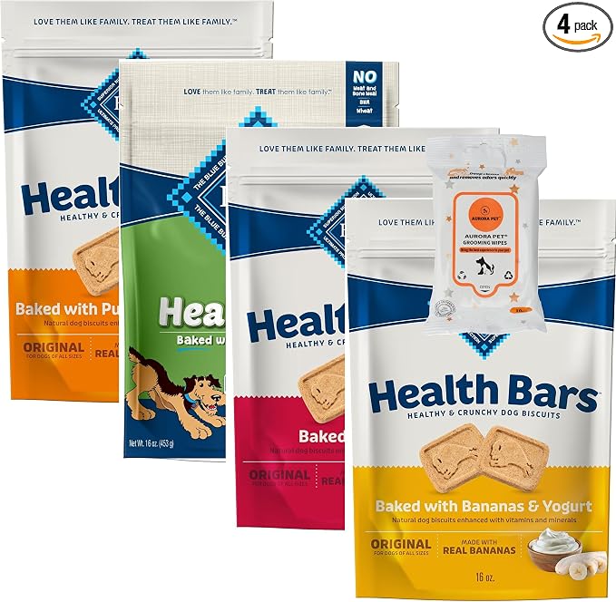 (4 Pack) Blue Health Bars Crunchy Dog Treats (16-oz Each) with AuroraPet Wipes