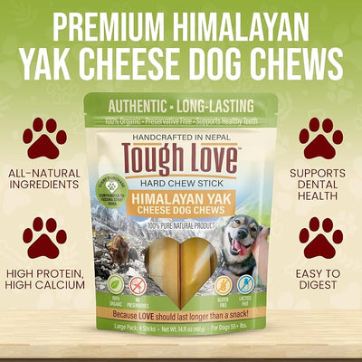 Tough Love Himalayan Yak Cheese Dog Chews -100% Natural, Long-Lasting, Odor-Free – Protein Rich & No Preservatives – Zero Waste Sticks for Health-Conscious Dog Parents (Large (4 Sticks))