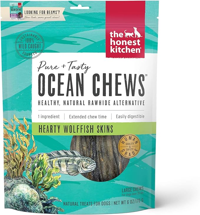 Human Grade Ocean Chews Hearty Wolffish Skins Dog Treats, 6 oz (Beams)
