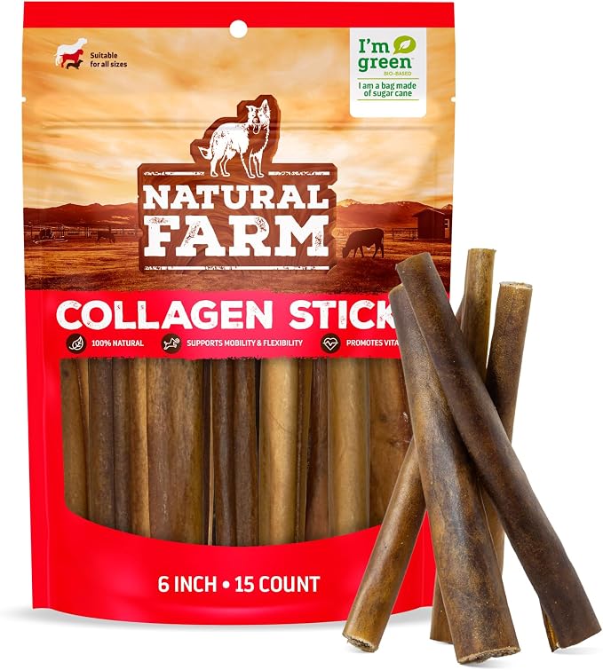 Collagen Sticks (6 Inch, 15 Pack). Odor-Free, 95% Natural Collagen Dog Chews, Supports Healthy Joints, Skin & Coat - Best Rawhide Alternative for Small & Medium Dogs