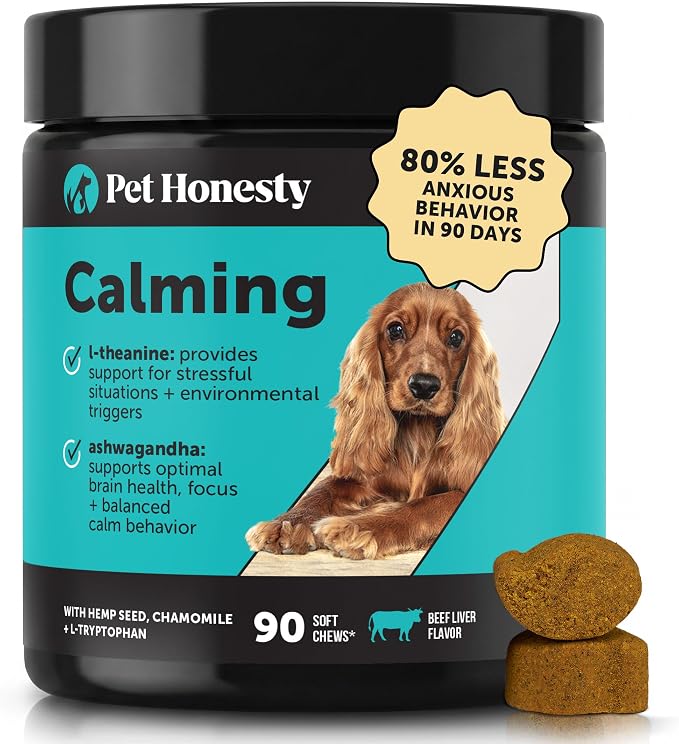 Natural Hemp Dog Calming Chews for Occasional Anxiousness & Stress - Calming Treats for Thunderstorms, Fireworks, Separation & Travel - with Ashwagandha, L-Theanine, Valerian Root (Beef Liver, 90 Ct)