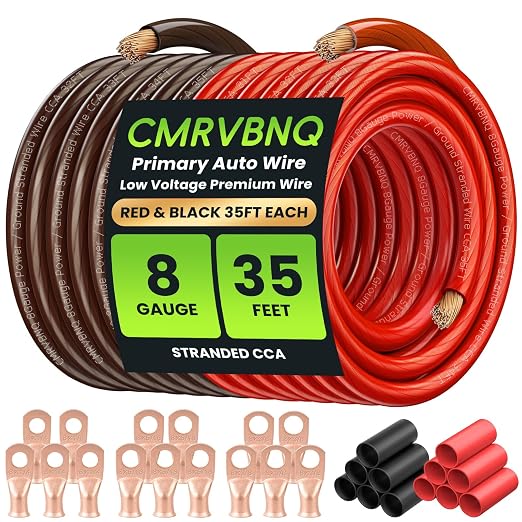 8 Gauge Battery Cable CCA Wire Kit, 35FT Each Red Black with Terminals Heat Shrink Tubes Low Voltage Primary Automotive Power Ground Cable for Car Audio Amp Subwoofer RV Wiring