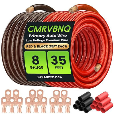 8 Gauge Battery Cable CCA Wire Kit, 35FT Each Red Black with Terminals Heat Shrink Tubes Low Voltage Primary Automotive Power Ground Cable for Car Audio Amp Subwoofer RV Wiring