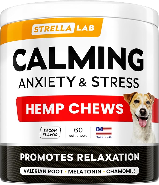 Advanced Calming Chews for Dogs - Hemp Treats + Melatonin - Sleep Aid - Relaxing Treats - Stress Relief During Fireworks, Thunder - Made in USA - Bacon - 60Ct