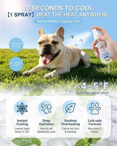 Dog Cooling Spray with Carabiner Clip – Instant Heat Relief for Brachycephalic, Double-Coat & Senior Dogs – Natural Menthol, Aloe, Oat – Lick-Safe, No Fragrance – Outdoor Walking Essential