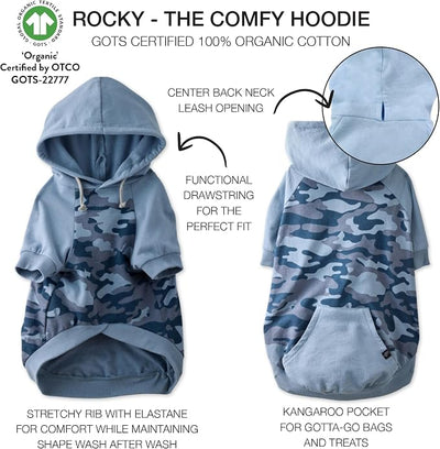 Pet Passion Rocky – The Original Lightweight Hooded Tee 100% Organic Cotton Dog Hoodie Pet Coat Sweater for All Sized Dogs, Original Navy Half Camo, XX-Small (4-7 lbs)