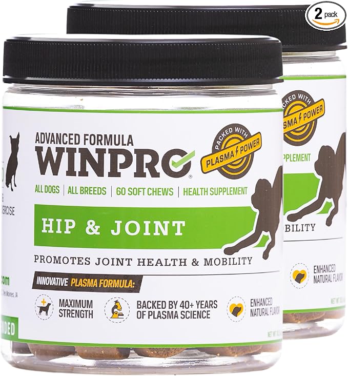 WINPRO Hip & Joint Supplement for Dogs Plasma Powered Soft Chews for Joint Health & Mobility Fast-Acting with Collagen & Natural Ingredients for Dogs of All Breeds – 120 Chews (2 Canisters)