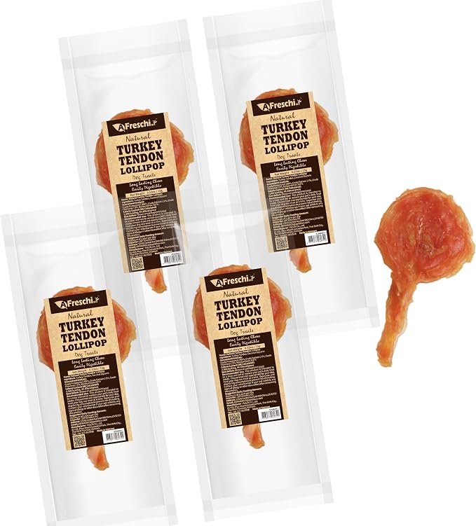 Turkey Tendons for Dogs, USA-Sourced Human Grade, Rawhide-Free Long-Lasting Puppy Chews, All Natural Hypoallergenic Dog Treats for Small Breeds, Lollipop (S), 4 Count Pack
