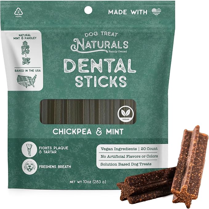 Chickpea & Mint Dental Sticks 10oz, 20ct | Dog Dental Chew Treats for Small, Medium, Large Dogs | Freshen Breath, Fight Plaque-Tartar | Natural Teeth Cleaning Treats | USA Made
