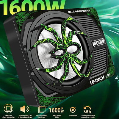 Upgraded 1600W Car Subwoofer, 10" Ultra-Thin Under-Seat Sub with Built-in Amplifier, (LPF/Gain/Bass Boost) LED Ambient Lights, Independent Bass Knob, Distortion-Free Deep Bass（Green）