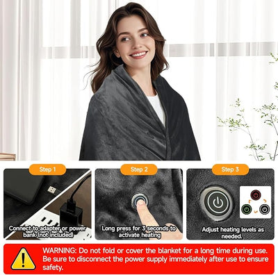 Portable USB Heated Blanket, 59" x 33.5" Soft & Comfortable Heated Blanket Shawl for Indoor Outdoor Cordless Fast Heating with 3 Heat Levels