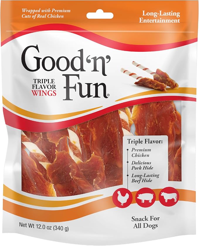 Good 'n' Fun Wings Long-Lasting Dog Treat, With Real Proteins, Premium Chicken and Beef Hide, Supports Dental Health, Mental Stimulation, 12 oz