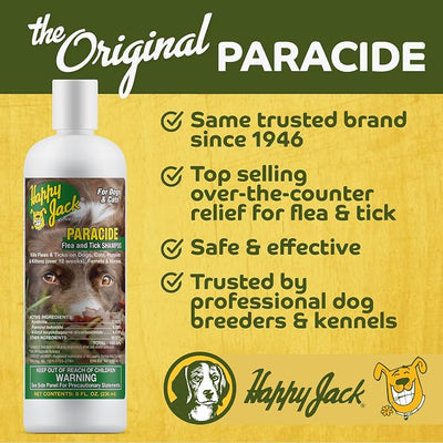 Happy Jack Paracide Flea & Tick Shampoo for Dogs & Cats, Medicated Treatment Shampoo Kills Fleas, Ticks & Mites on Contact, 30-Day Prevention, Deep Coat & Skin Protection for Sensitive Pets (8 oz)