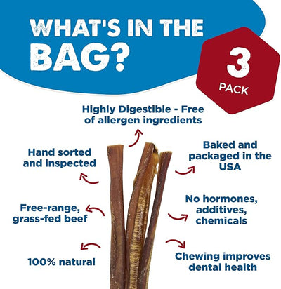 Best Bully Sticks 12 Inch Bully Sticks for Dogs - 3 Count (Pack of 1) - Natural, Easily Digestible, Grass-Fed Beef, Grain and Rawhide Free - Trial Size