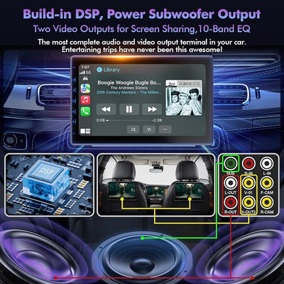 10 Inch IPS Touch Screen Double Din Car Stereo Compatible with Wireless Carplay, Android Auto, Mirrorlink - Car Radio Audio Stereo Receiver with Bluetooth, FM, 720P Backup Camera