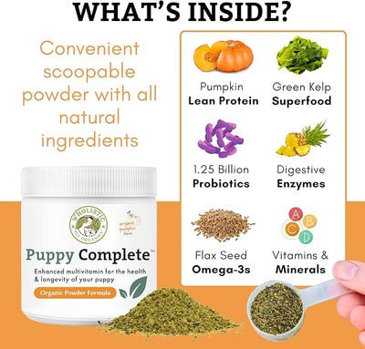 Wholistic Pet Organics Puppy Complete - Dog Multivitamin Powder - Daily Dog Vitamins and Supplements for Homemade Food - Immune System, Skin, Coat & Overall Health - All Breeds of Puppies - 45 Scoops