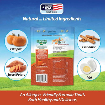 Emerald Pet Pumpkin Harvest Dog Treats, Sweet Potato Flavor, 6 oz – Soft Chewy Low-Fat Natural Dog Treats with Real Pumpkin for Digestive Health – Meat-Free, Wheat-Free, Made in USA