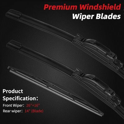 OTUAYAUTO Premium Windshield Wiper Blades - Replacement for Honda CRV CR-V 2007-2011, Acura RDX 2007-2018, Nissan Leaf 2018-2020 Front and Rear Wipers, J/U Hook - 26"+16"+14" (Pack of 3)
