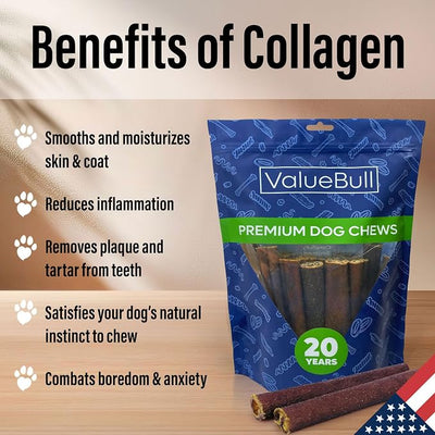 ValueBull USA Collagen Sticks for Small Dogs, 6 Inch Thin Chews, Natural Dog Treats, 200 Count Bulk Pack - Promotes Joint, Skin & Coat Health with Glucosamine and Chondroitin