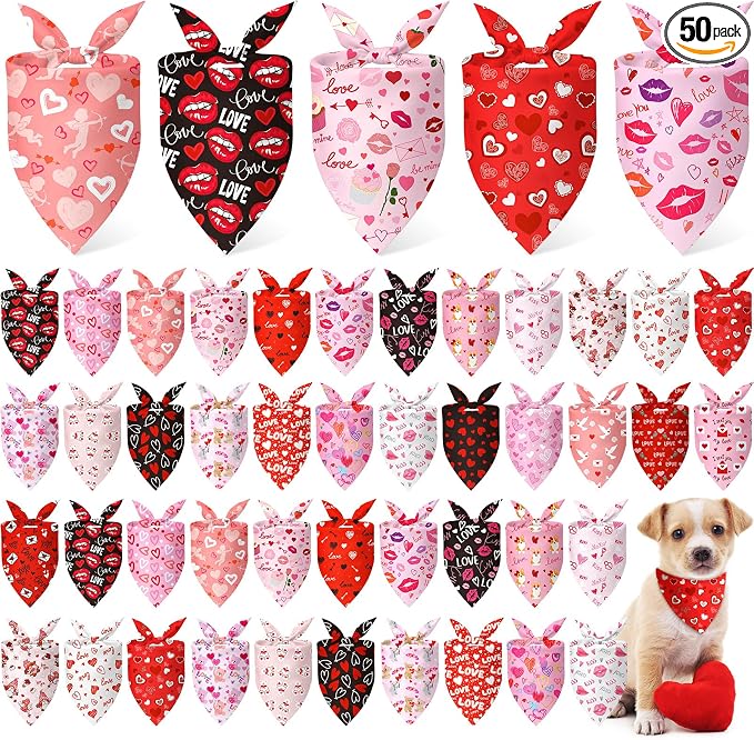 50 Pcs Valentines Day Dog Bandanas Bulk Red and Pink Bandanas for Dogs Triangle Kerchief Bibs Scarf for Pet Romantic Costume Photo Props Accessories Pet Shops Groomers (19.7 x 13.8 x 13.8)