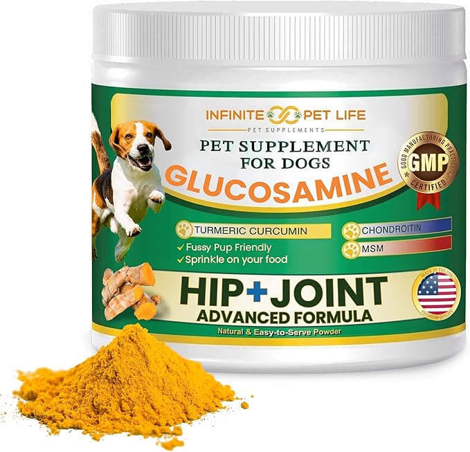 Hip & Joint Supplement Powder for Dogs - Glucosamine, MSM, Chondroitin & Tumeric | Advanced Mobility Support for All Ages & Active Dogs - 12.7 oz