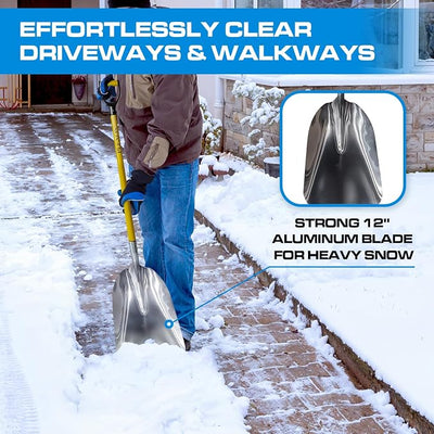 Plexon Metal Snow Shovel for Driveway 12" Blade - Heavy Duty Snow Shovel for Car - Metal Scoop Shovel Aluminum - Fiberglass Handle & Plastic D-Grip - Outdoor Garden Yard, 48" Length