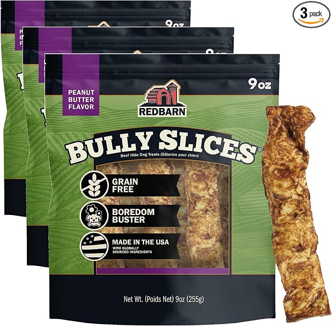 Pet Products All-Natural Rawhide Bully Slices - Peanut Butter Flavor - Premium Grain-Free Beef Hide Treats High Protein Low Fat for Chewers - 9 oz Bag (Pack of 3)
