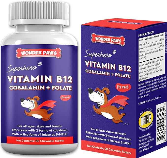 B12 Supplement for Dogs – Vitamin B-12 for All Ages, Sizes & Breeds – Vitamin B12 for Dogs as Superior Methylcobalamin, Cobalamin & Folate (5-MTHF) – 90 Beef Flavored Chewables
