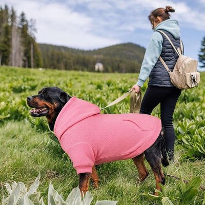 Dog Sweaters for Large Dogs,Dog Hoodie,Warm Fleece Sweatshirt with Hood & Pocket,Leash Hole,Cozy Cold Weather Pet Clothes Sweater Hoodie for Large Dogs(Pink,L)